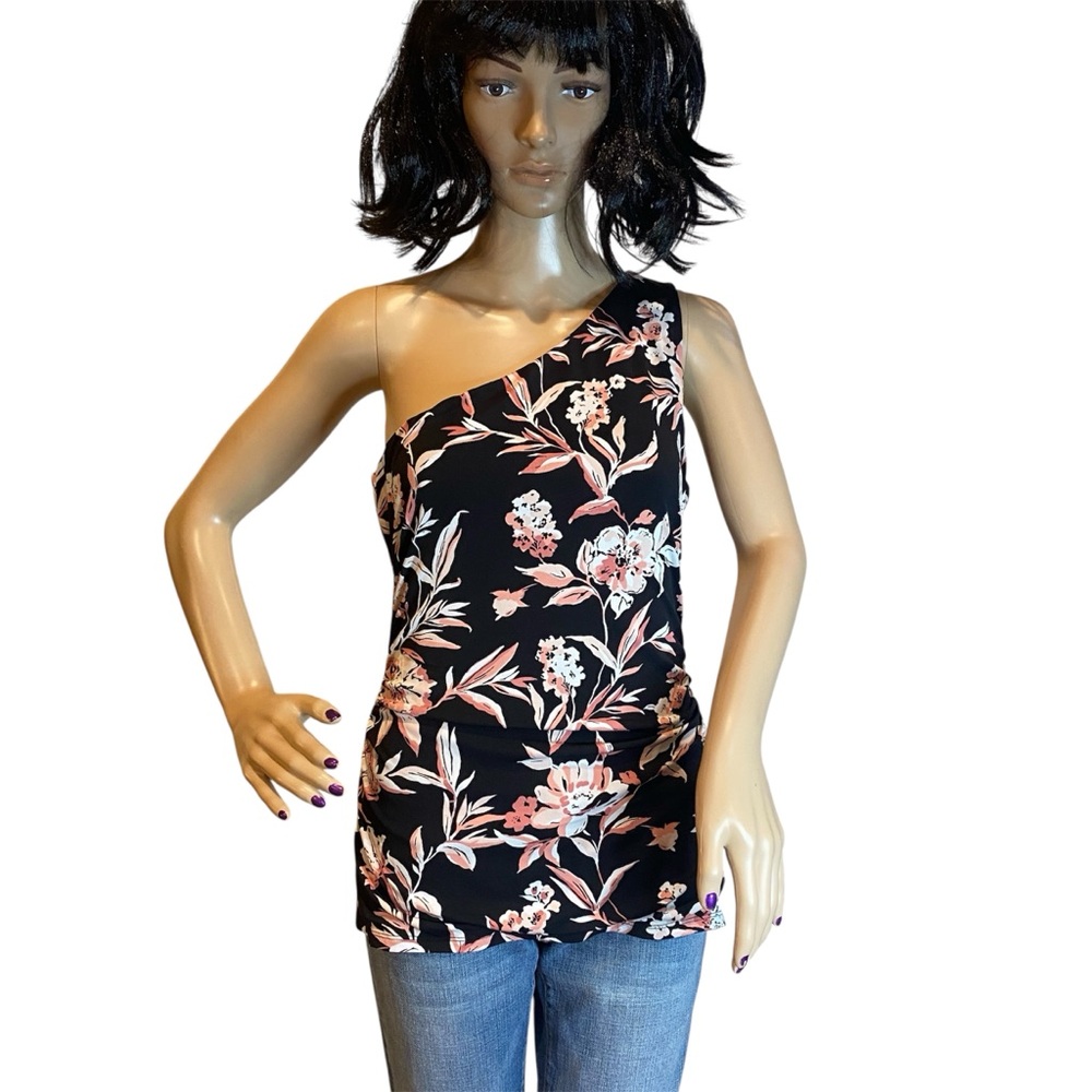 WHBM White House Black Market Floral One-Shoulder Top Shirt Black Size Small EUC